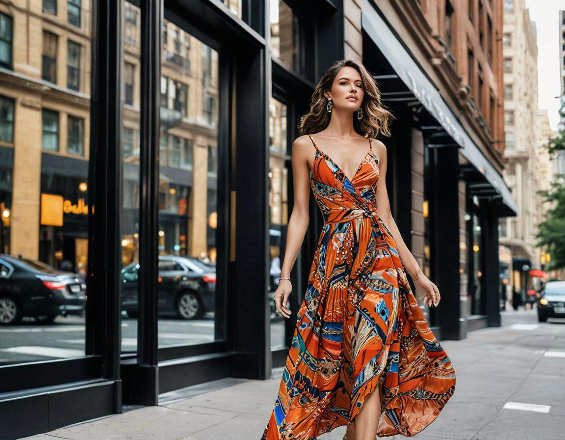 A stunning modern woman confidently struts down a chic city street, radiating elegance and poise. She wears a flowing, fashionable dress in vibrant colors, complemented by intricate makeup and flattering accessories. Background showcases high-end boutiques and iconic city architecture. Elegant and inspirational. super-realistic. vibrant colors.