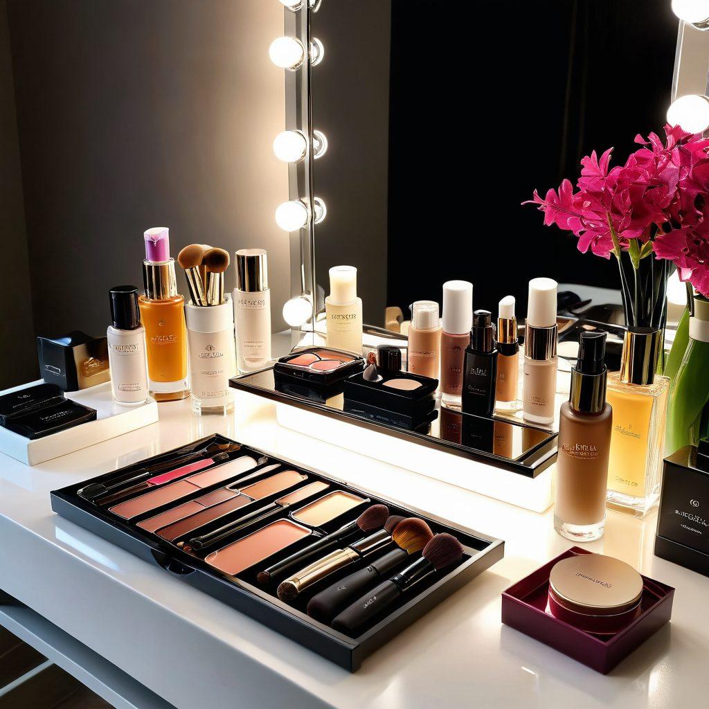 A glamorous vanity table adorned with luxurious skincare products and vibrant makeup essentials, showcasing pristine bottles, elegant brushes, and colorful palettes. A woman with flawless skin, applying makeup with confidence, capturing the essence of beauty and elegance. Soft, ambient lighting accentuates the products and highlights the serene, stylish atmosphere. super-realistic. vibrant colors. elegant. glowing light.